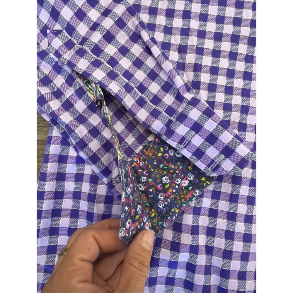 Robert Graham Mens L Purple Gingham Flip Cuff Embroidered Button Up - Picture 3 of 8